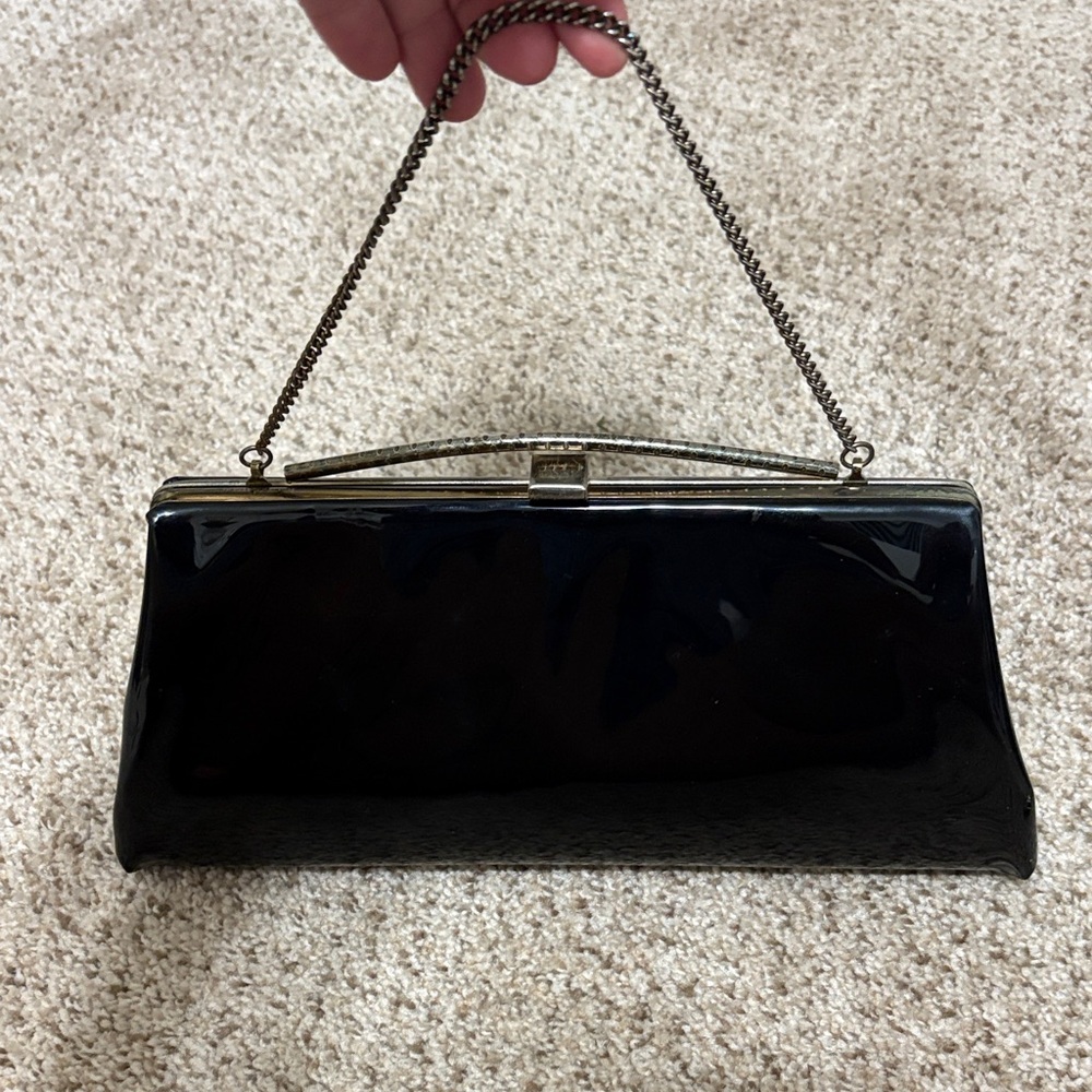 Vintage Black Patent Leather Chain Handle Evening Clutch